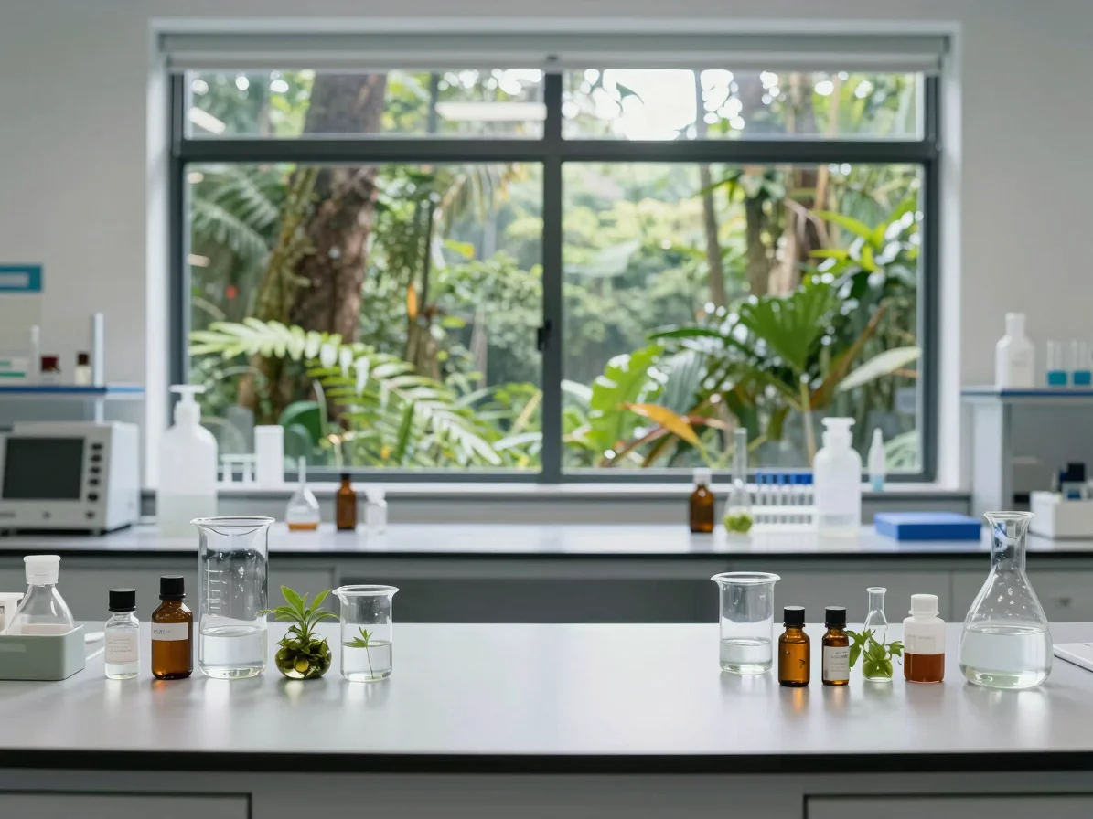 Wide shot of a clean, modern cosmetic R&D laboratory, bright dayl