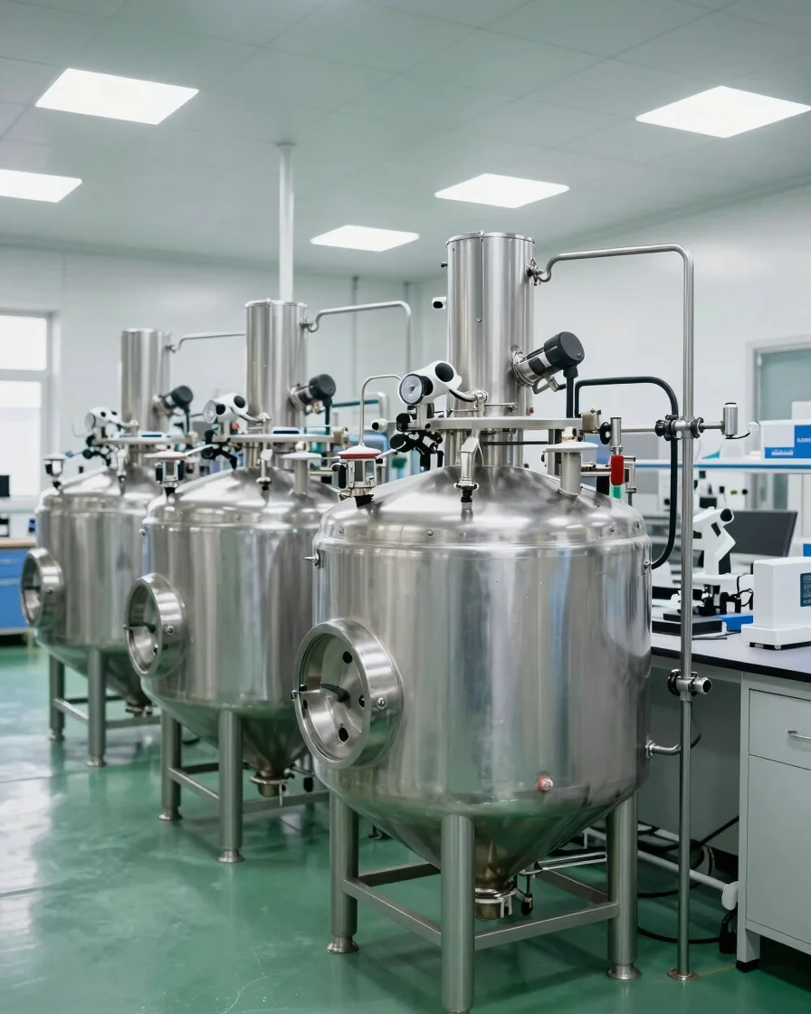Portrait-oriented clean editorial photograph of a modern GMP-compliant manufacturing facility interior, showing sophisti