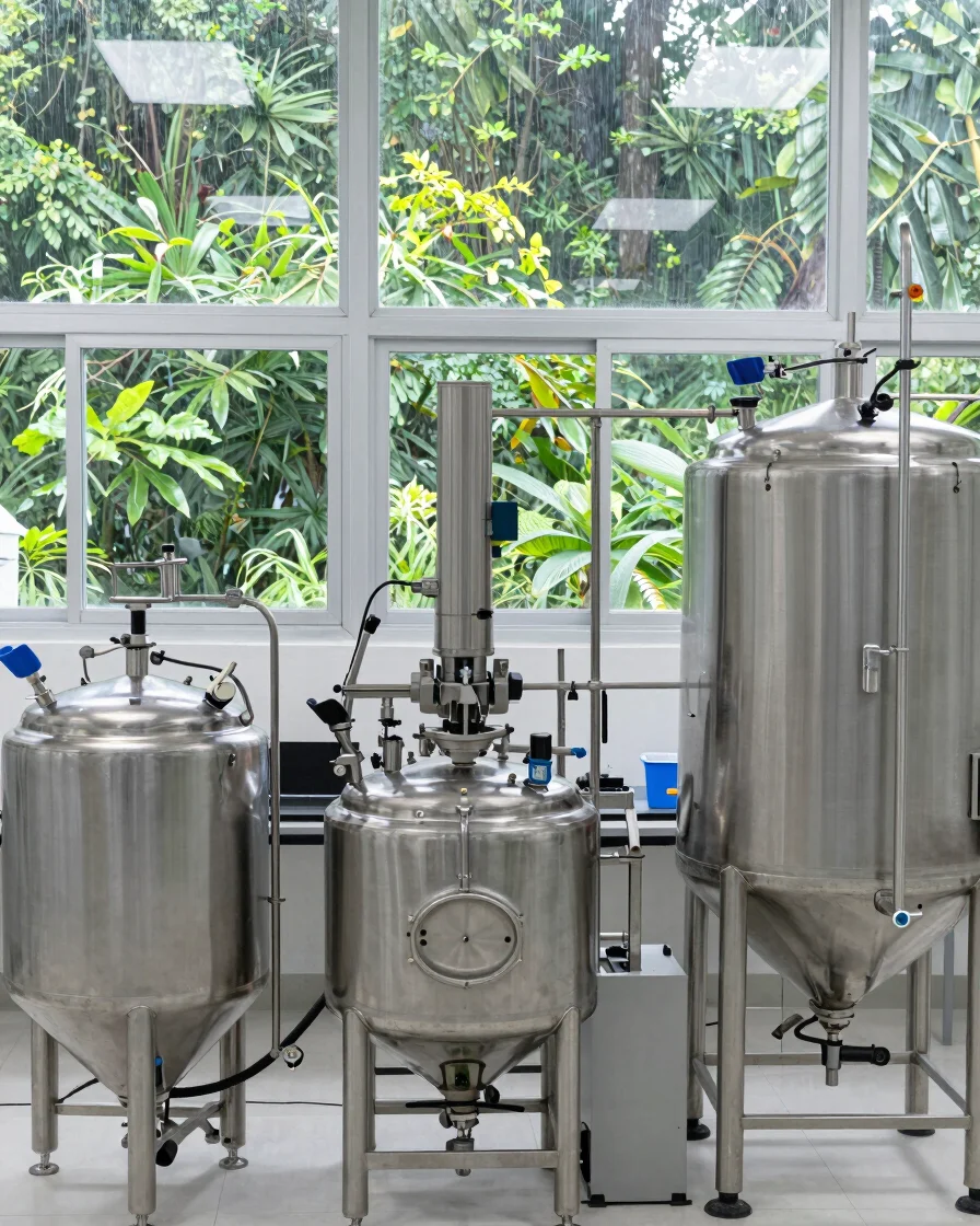 Wide shot of a modern, clean GMP-compliant cosmetic manufacturing