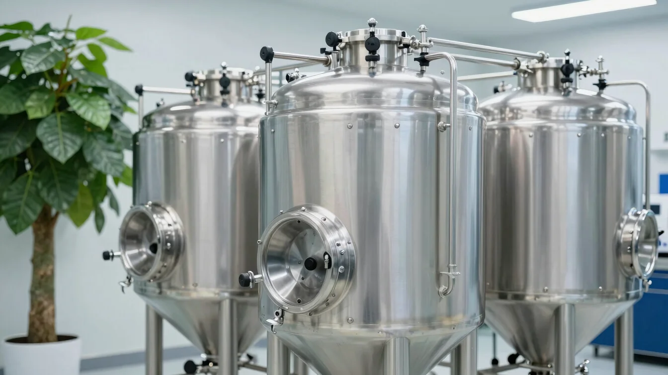 Clean modern stainless steel mixing tanks in a GMP cosmetic facil