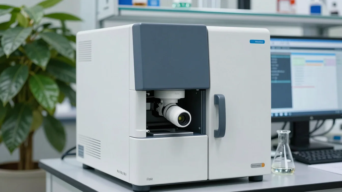 Macro shot of analytical lab glassware and a mass spectrometer in